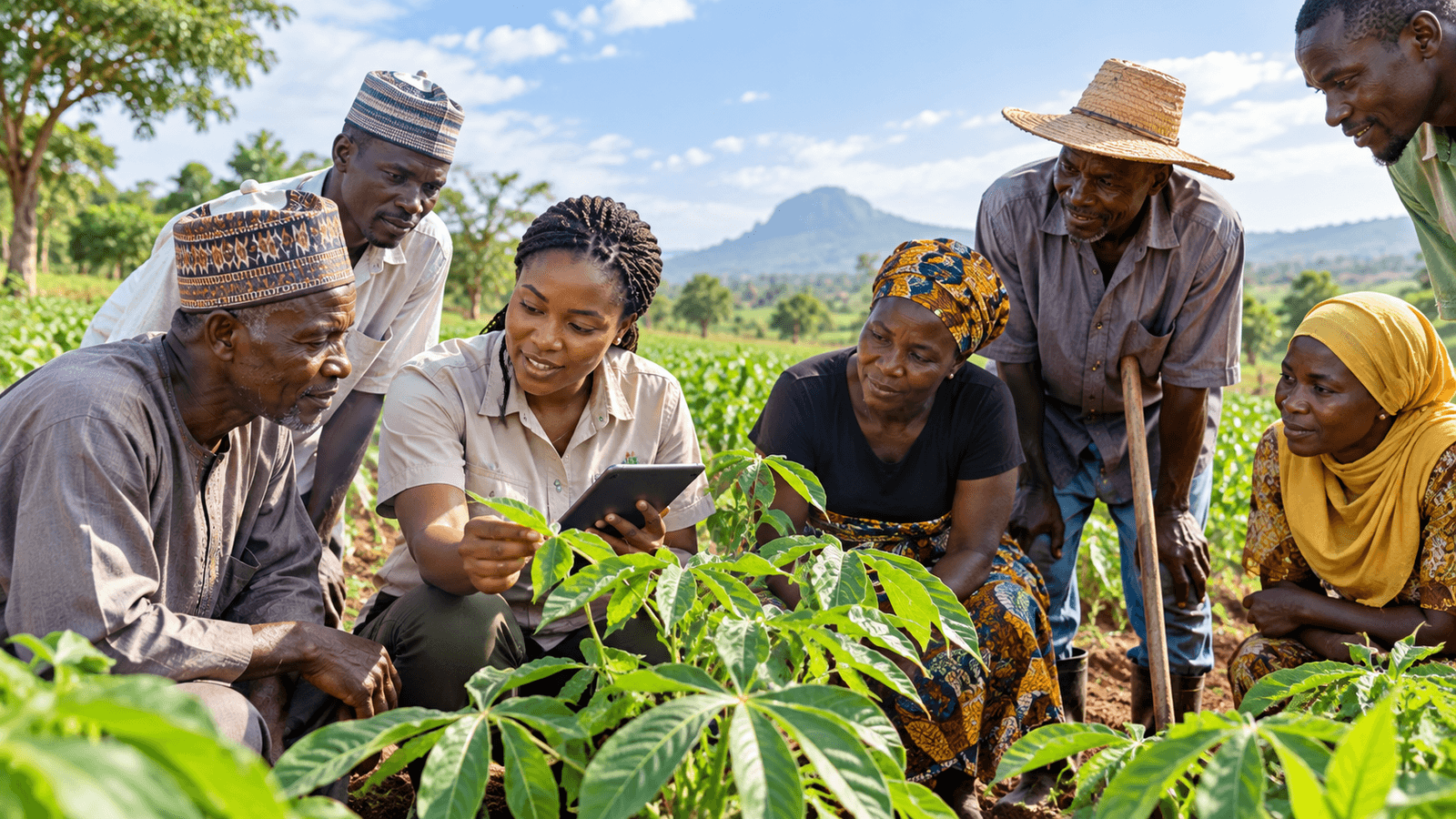 Farmers and an extension officer studying cassava plants with a tablet.